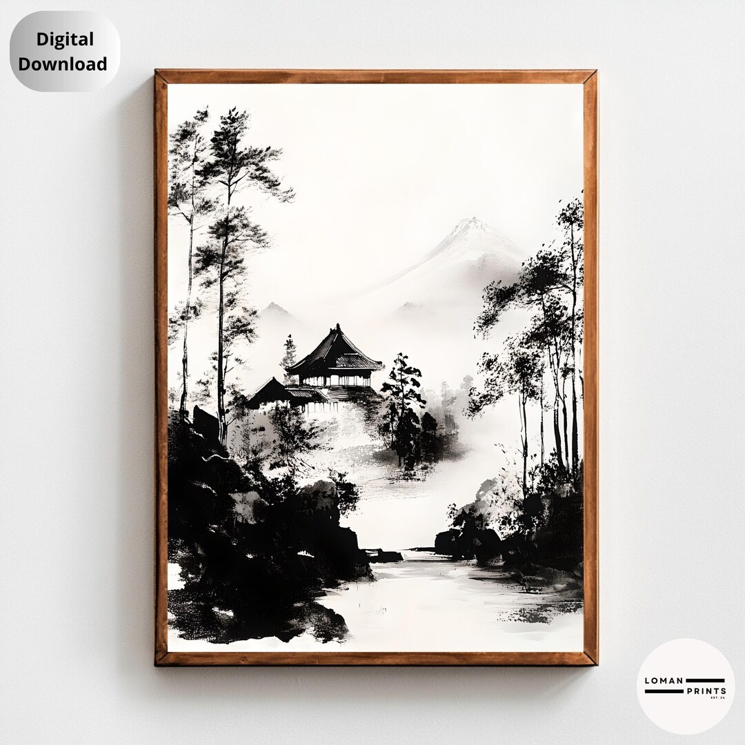 Japanese Sumie Landscape Print Black and White Ink Temple Art Zen — free download