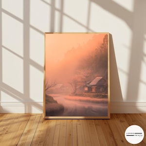 Sakura Art – Tranquil Village Reflection, Zen Nature Aesthetic, Serene Wall Decor, Soft Pastel Home Poster, Meditation Room Artwork