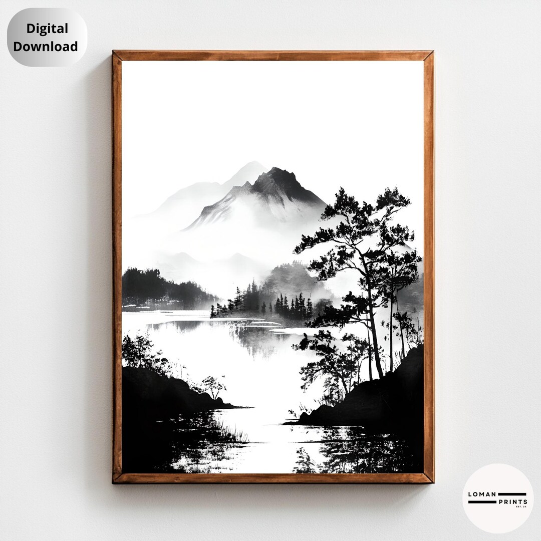 Sumi-e Mountain Landscape Print | Black and White Ink Nature Art | Zen ...