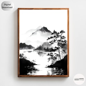 Sumi-e Mountain Landscape Print | Black and White Ink Nature Art | Zen Wall Decor for Minimalist, Calm, and Meditation Spaces