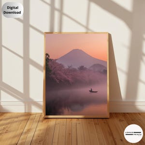 Cherry Blossom Lake with Mount Fuji - Serene Japanese Nature Art - Tranquil Zen Landscape - Calming Digital Wall Print