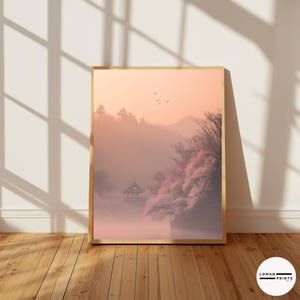 Arte giapponese Sakura – Stampa serena sul lago, estetica del paesaggio zen, decorazione murale tranquilla, poster per la casa in colori pastello, opera d'arte per la sala di meditazione