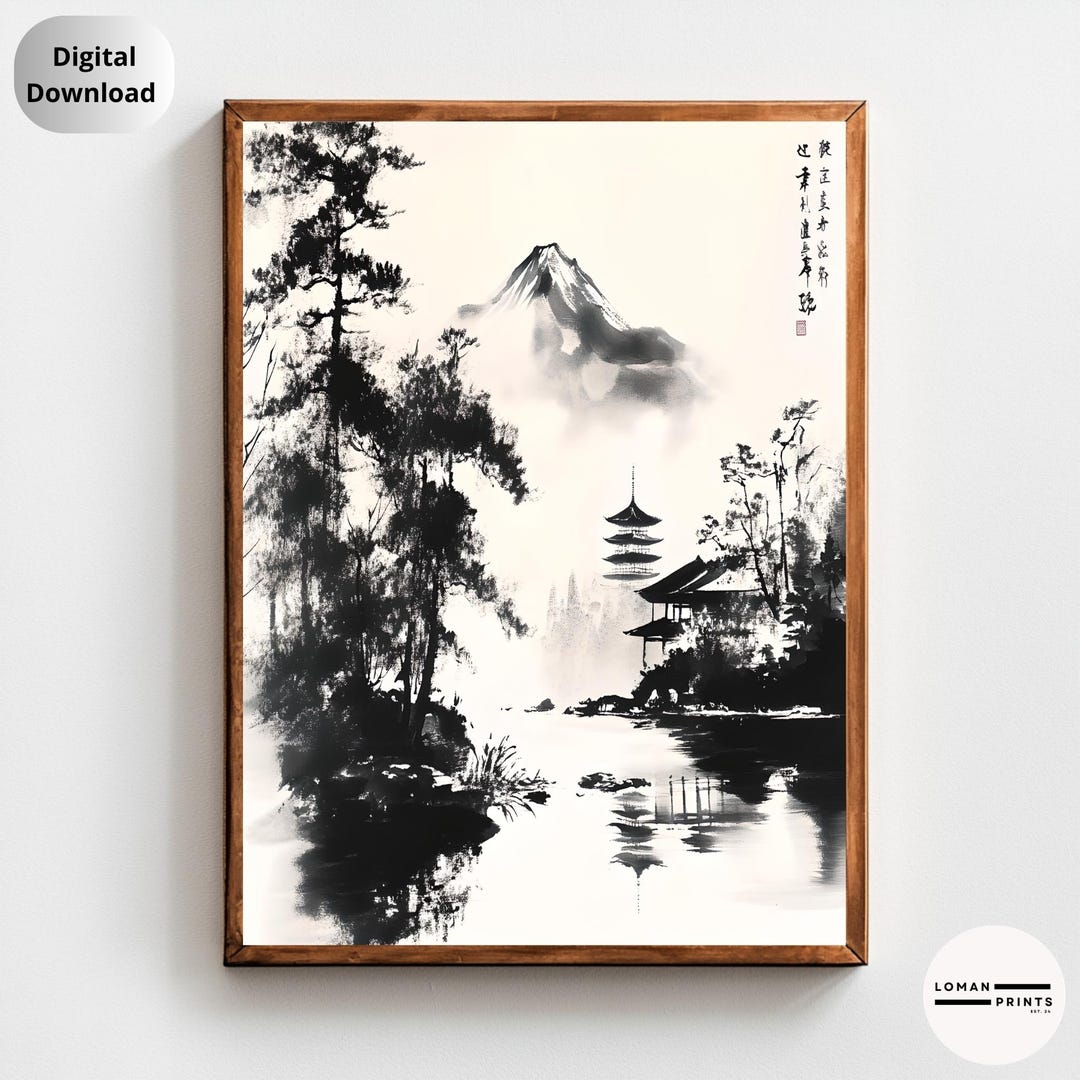 Sumi-e Mount Fuji Pagoda Print | Japanese Ink Landscape Art | Tranquil ...