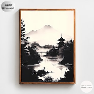 Stampa di paesaggio giapponese Sumi-e / Pittura a inchiostro in bianco e nero / Arte murale Zen con pagoda e montagne per un arredamento tranquillo