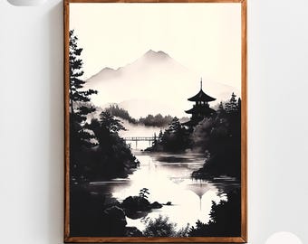 Sumi-e Japanese Landscape Print | Black and White Ink Painting | Zen Wall Art with Pagoda and Mountains for Tranquil Decor