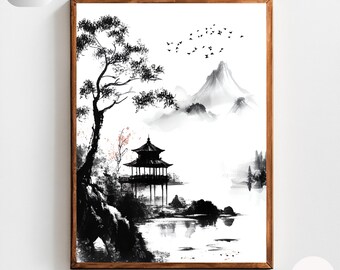 Sumi-e Japanese Pagoda Print | Black and White Ink Landscape Art | Zen Wall Decor for Minimalist, Meditation, and Tranquil Spaces