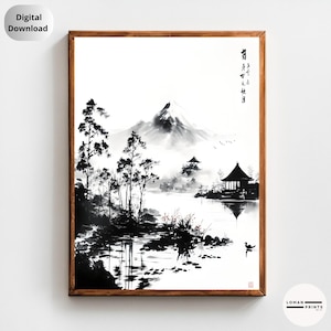 Stampa Sumi-e di montagna e lago / Arte murale con paesaggio giapponese a inchiostro / Decorazione Zen tranquilla per interni minimalisti e da meditazione
