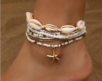 Starfish Shape Pendant Anklet Set With Shell Shape Beads Stackable Ankle Bracelet Set