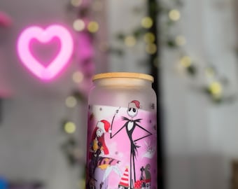 16oz  frosted glass cup with bamboo lid and straw jack