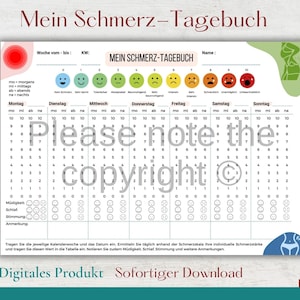 Könnte beinhalten: Ein druckbarer Schmerz-Tracker-Chart auf Deutsch, betitelt "Mein Schmerz-Tagebuch". Der Chart beinhaltet eine Skala von 1 bis 10 zur Bewertung von Schmerzstufen, mit entsprechenden Smiley-Gesichtern. Er beinhaltet auch Abschnitte zur Verfolgung von Schlaf, Stimmung und zusätzlichen Notizen.