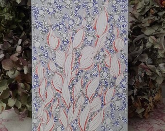 Federzeichnung mit roter, blauer und schwarzer Tinte, stilisierte Pflanzen, Meeresalgen