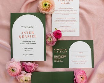 Wedding Invitation Template Green and Pink Arched Invite Editable Midcentury Wedding Suite