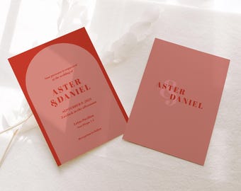 Editable Red + Pink Wedding Invitation | Funky Retro Arch Wedding Invite | Bold Red Wedding Invite | DIY Printable Wedding Invite Template