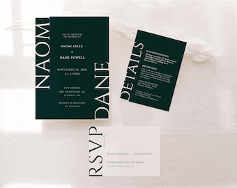 Moody Classic Dark Green Wedding Invitation | Editable Bold Wedding Invitation | Emerald Green Wedding Invites