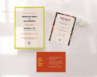 Editable Chartreuse Wedding Invite | Bold Funky Wedding Invitation | Colorful Wedding Invitation Suite | Retro Wedding Invitations