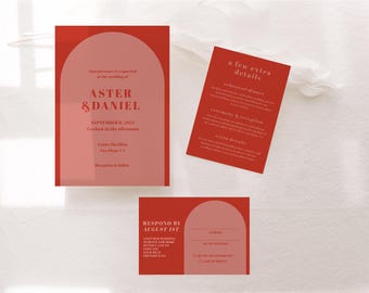 Editable Red and Pink Wedding Invitation | Funky Retro Wedding Invite | Bold Red Wedding Invitation | DIY Wedding Invitation Template