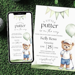 May include: Baby shower invitations with a golf theme. The invitations feature the text "A Little Putter is on the Way" and include a teddy bear wearing a golf outfit. The invitations are on a green background with golf balls.