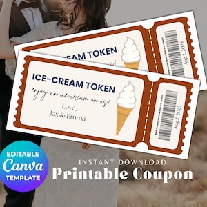 Plantilla de cupón para helado, certificado de regalo imprimible, cupón editable para helado, descarga instantánea para bodas y fiestas.