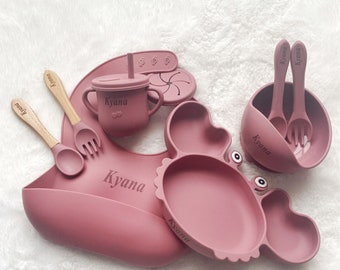 Personalized Crab Silicone Baby Weaning Set, Engraved Silicone Bib, Custom Weaning Set for Toddler, Baby Feeding Set, Baby shower gift,