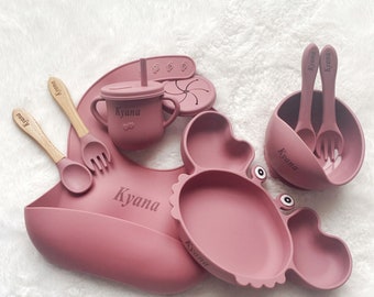 Set di svezzamento per bambini in silicone personalizzato con granchio, bavaglino in silicone inciso, set di svezzamento personalizzato per bambini, set di alimentazione per bambini, regalo per la doccia per bambini,