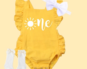 First Trip Around the Sun Birthday outfit, Birthday girl outfit, 1st birthday romper, yellow romper
