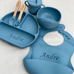 Personalized Silicone Baby Weaning Set Engraved Silicone Bib Custom Weaning Set for Toddler Baby Feeding Set Easter Gifts For Baby image 2
