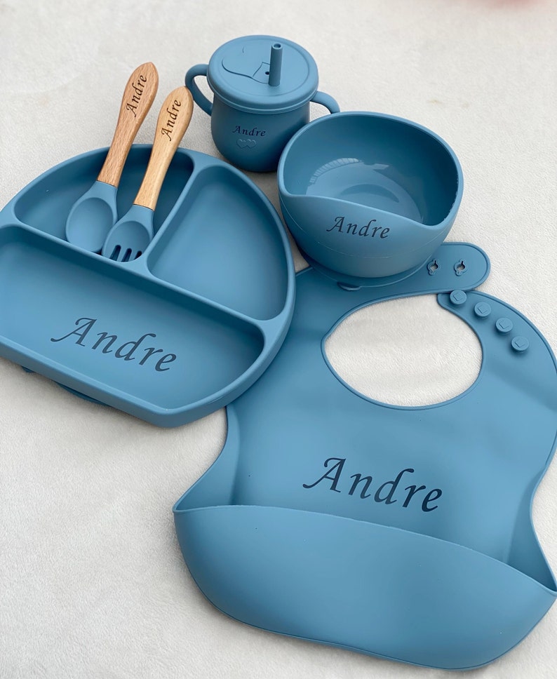 Personalized Silicone Baby Weaning Set Engraved Silicone Bib Custom Weaning Set for Toddler Baby Feeding Set Easter Gifts For Baby image 2