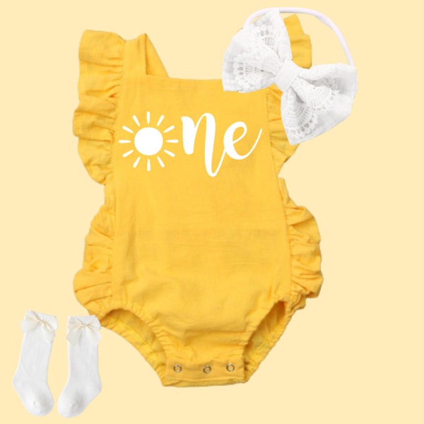First Trip Around the Sun Birthday outfit, Birthday girl outfit, 1st birthday romper, yellow romper