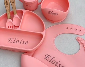 Personalized Silicone Baby Weaning Set | Engraved Silicone Bib | Custom Weaning Set for Toddler | Baby Feeding Set | Easter Gifts For Baby