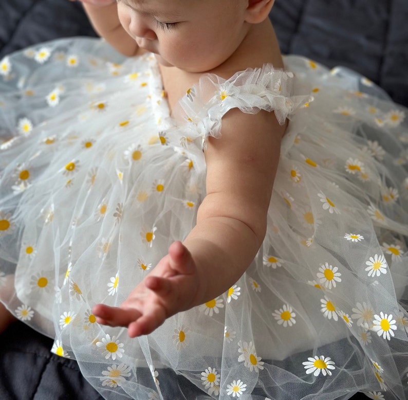 Daisy one Baby Girl First Birthday Outfit, Retro Boho First Birthday dress, white ,pink First Birthday dress, first smash cake Outfit, image 1