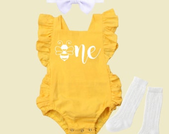 First Bee day birthday outfit girl, Sweet as can bee outfit, Birthday girl outfit, 1st birthday romper, yellow romper