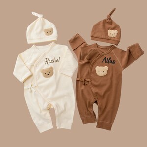 Personalized Teddy Bear Newborn Gift Set, Custom Embroidered Long-Sleeved Jumpsuits with Bear Beanie Hats, newborn Unisex Wear