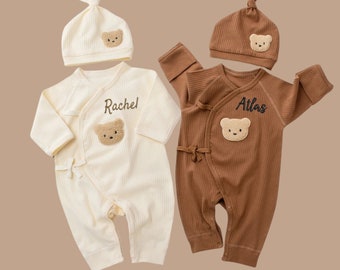 Personalisierte Teddybär Neugeborenen Geschenk-Set, Individuell gestickte Langarm-Jumpsuits mit Bären Beanie Hüte, Neugeborene Unisex Kleidung