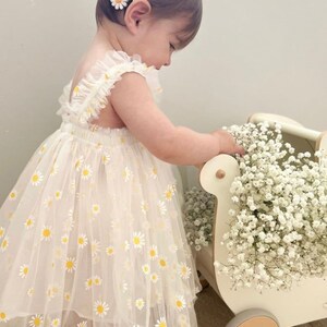 Daisy one Baby Girl First Birthday Outfit, Retro Boho First Birthday dress, white ,pink First Birthday dress, first smash cake Outfit, image 2