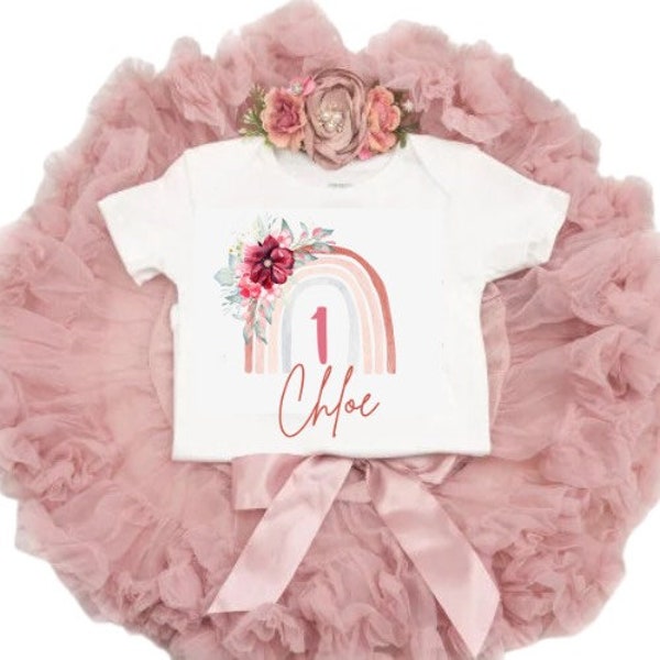 Arc-en-ciel bohème, tenue pour le 1er anniversaire de bébé fille, vieux rose, 1er anniversaire du thème arc-en-ciel bohème, gâteau smash,