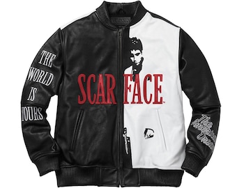 Handgemaakte Scarface Tony Montana Al Pacino Gangster Echte Schapenvacht Zwart & Wit Bomber Leren Jas