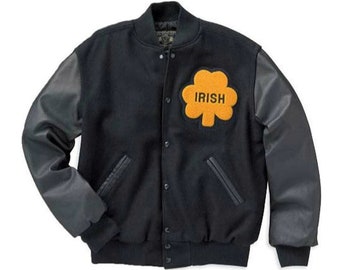 Handmade University of Notre Dame Rudy Irish Wool & Leather Sleeves Letterman Bomber Varsity Jacket