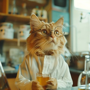 Puede incluir: Un gato jengibre con gafas redondas y una bata de laboratorio blanca sostiene un vaso de líquido en un laboratorio.