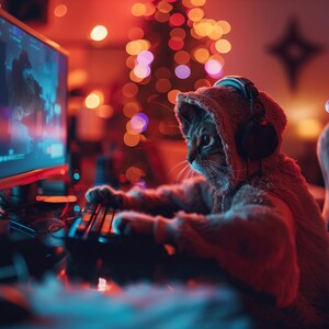 Può includere: Un gatto tigrato con una felpa con cappuccio grigia e cuffie è seduto su una sedia da gioco davanti a un monitor di computer. Il gatto sta digitando su una tastiera. La stanza è decorata con luci di Natale.