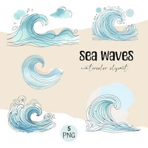 Set van 5 aquarel Ocean Wave lijntekeningen clipart, zeegolf png, handgetekende zeegolf illustraties clipart, aquarel zeegolf clipart