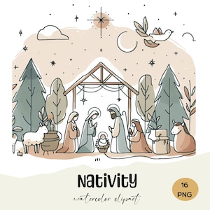 16 Clipart de la natividad, Clipart de acuarela de la natividad, PNG de la natividad, Figuras de la natividad, Pesebre, María, José, Niño Jesús, Ángel, portal de Belén.