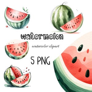 Watermelon PNG Clipart – 5 Watercolor Fruit Illustrations, Summer Tropical Graphics, Transparent Background, Juicy Slice Art for Sublimation
