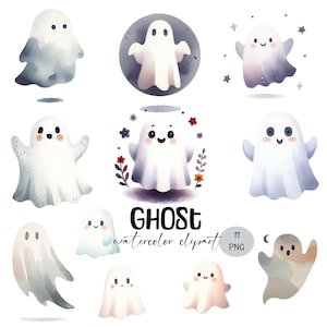 11 aquarel spook clipart, Halloween spook png, spook kinderkamer stijl clipart, transparante achtergrond, digitale kunst, junk journal, paper craft
