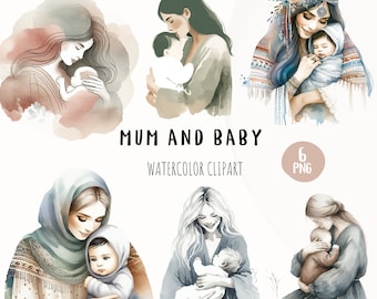 Watercolor Mom and Baby Clipart, Nordic Boho Nursery Decor (PNG)