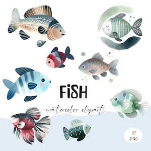 21 cliparts aquarelle poisson, poisson PNG 10 x 10 pouces 300 DPI, poisson tropical, vie océanique, créatures marines, éléments marins, usage commercial