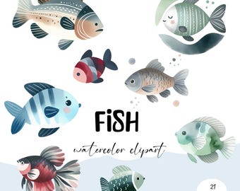 Watercolor Fish Clipart Set, Tropical Marine PNG (Commercial Use)