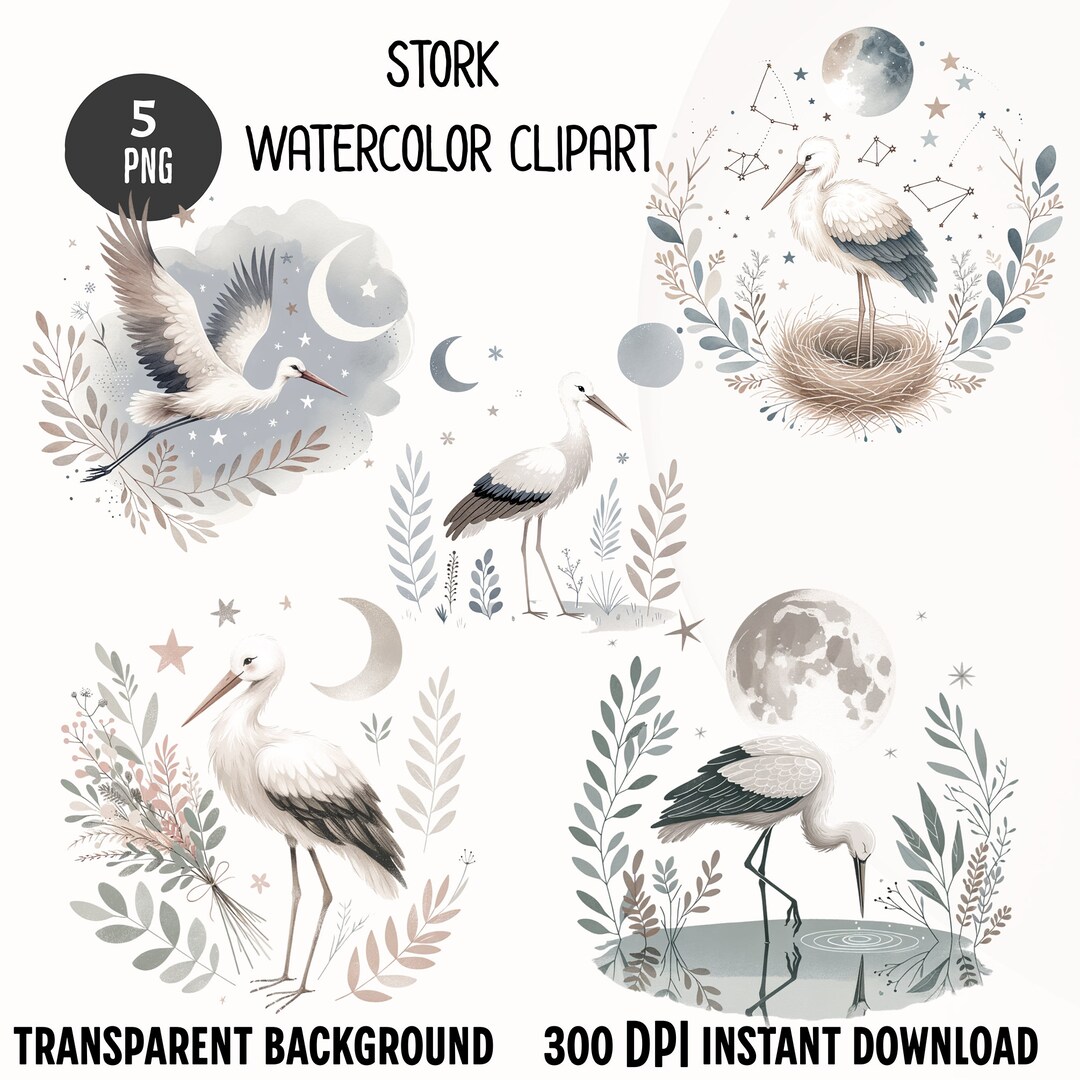 5 Stork Watercolor Clipart, Stork Minimalist PNG, Printable Watercolor ...