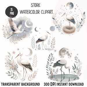 5 Stork Watercolor Clipart, stork minimalist PNG, printable watercolor clipart,paper craft,junk journal,stork images,stork and Moon clip art