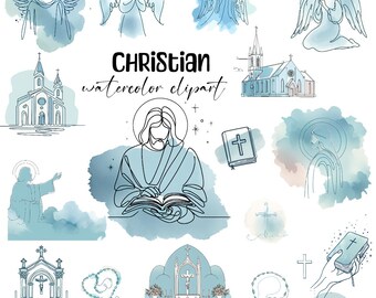 May include: A collection of Christian-themed watercolor clipart in shades of blue. The images include angels, churches, Jesus, a bible, crosses, and rosaries. The text "CHRISTIAN watercolor clipart" is also included.