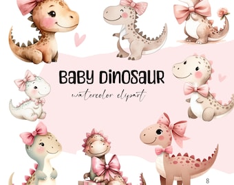 Akvarell dinosaurie clipart med rosetter, barnrumsillustrationer (PNG)